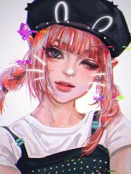Rule 34 | 1girl, beret, black camisole, black hat, blue eyes, braid, camisole, drawn ears, drawn whiskers, glitch, hanni (newjeans), hat, head tilt, highres, k-pop, layered clothes, looking at viewer, mantang hua, medium hair, newjeans, one eye closed, parted lips, pink hair, portrait, procreate (medium), real life, realistic, shirt, solo, t-shirt, twin braids, white shirt