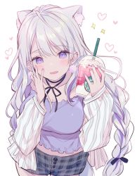 Rule 34 | 1girl, animal ear fluff, animal ears, black ribbon, blush, breasts, cleavage, collarbone, commentary request, cup, disposable cup, drinking straw, ear piercing, earrings, fingernails, grey shorts, hair between eyes, hair ribbon, hand on own face, heart, holding, holding cup, jacket, jewelry, kurokuma (kuro kumagaya), large breasts, long hair, long sleeves, looking at viewer, nail polish, neck ribbon, off shoulder, open clothes, open jacket, open mouth, original, piercing, pink nails, plaid, plaid shorts, purple eyes, purple shirt, ribbon, shirt, short shorts, shorts, silver hair, simple background, sleeves past wrists, solo, sparkle, striped clothes, striped jacket, stud earrings, vertical-striped clothes, vertical-striped jacket, very long hair, wavy mouth, white background, white jacket