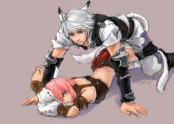 Rule 34 | 10s, 1boy, 1girl, all fours, animal ears, blue eyes, cat ears, cat tail, final fantasy, final fantasy xiii, final fantasy xiv, green eyes, hope estheim, lightning farron, lightning returns: final fantasy xiii, looking at viewer, lying, miqo&#039;te, on side, pink hair, smile, tail, white hair, wolf (lucu21504)