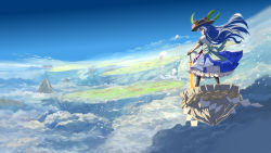 Rule 34 | 1girl, above clouds, black headwear, blue hair, blue skirt, blue sky, boots, bow, brown footwear, cloud, commentary request, day, floating hair, floating island, food, from behind, fruit, grey bow, highres, hinanawi tenshi, keystone, leaf, long hair, mountain, outdoors, peach, petals, petticoat, planted, planted sword, planted weapon, puffy short sleeves, puffy sleeves, red eyes, rock, rope, scenery, shide, shimenawa, shirt, short sleeves, skirt, sky, solo, standing, sword, sword of hisou, syope, touhou, very long hair, weapon, white shirt