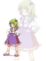 Rule 34 | 1girl, 8bit, bad id, bad pixiv id, detached sleeves, female focus, frilled skirt, frills, frog hair ornament, full body, green eyes, green hair, hachi (8bit canvas), hair ornament, hands on own hips, highres, kochiya sanae, long hair, long sleeves, matching hair/eyes, nontraditional miko, shoes, simple background, skirt, snake, socks, solo, standing, touhou, zoom layer
