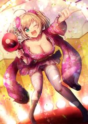 Rule 34 | 1girl, ahoge, blonde hair, breasts, cleavage, collarbone, floral print, flower, foreshortening, full body, green eyes, hair flower, hair ornament, hair scrunchie, holding, holding megaphone, idolmaster, idolmaster cinderella girls, index finger raised, japanese clothes, kara (color), kimono, kimono skirt, large breasts, leaning forward, legs apart, megaphone, one eye closed, outstretched arm, panties, pantyshot, parted bangs, petals, pink kimono, pink scrunchie, round teeth, sato shin, scrunchie, shiny skin, sidelocks, smile, solo, stage lights, standing, teeth, thighhighs, thighs, tiptoes, twintails, underwear, white panties