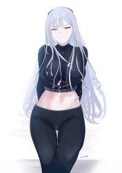 Rule 34 | 1girl, absurdres, ak-12 (girls&#039; frontline), arms behind back, black pants, box, breasts, closed mouth, cowboy shot, crop top, gincho, girls&#039; frontline, grey hair, highres, large breasts, long hair, looking at viewer, midriff, navel, pants, simple background, smile, solo, straight-on, thigh gap, white background