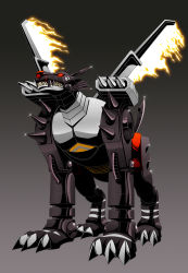 Rule 34 | android, armor, aura, bandai, claws, closed mouth, digimon, digimon (creature), digimon jintrix, fiery wings, full armor, highres, mecha, mechanical wings, metalgarurumon (black), missile, neon lights, no humans, official art, red eyes, robot, sharp teeth, simple background, solo, standing, tail, teeth, weapon, wings