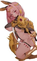 Rule 34 | 1girl, animal ears, areola slip, armor, armored boots, bare shoulders, boots, breasts, circlet, closed mouth, covered erect nipples, earrings, gold footwear, highres, holding, holding weapon, jewelry, large breasts, long hair, looking at viewer, original, pink hair, pointy ears, rabbit (wlsdnjs950), red eyes, renata estre (kerinyan), revealing clothes, shield, simple background, skindentation, solo, tattoo, thigh strap, weapon, white background