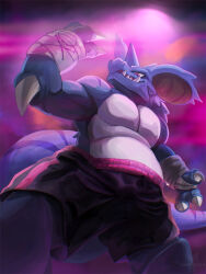 Rule 34 | 1boy, absurdres, alternate color, alternate shiny pokemon, animal ears, animal hands, arm up, armpits, artist name, bad id, bad pixiv id, bandages, bara, belly, black shorts, blue horns, blue skin, bulge, chromatic aberration, claws, closed mouth, clothed pokemon, colored skin, creatures (company), day, elbow spikes, erection, erection under clothes, furry, furry male, game freak, gen 1 pokemon, gym shorts, hand wraps, highres, horns, legs apart, lizard tail, looking at viewer, male focus, multicolored skin, nidoking, nintendo, outdoors, pectorals, pink sky, pink trim, pokemon, pokemon (creature), red eyes, sharp teeth, short shorts, shorts, single horn, sky, solo, standing, tail, teeth, tenebscuro, thick thighs, thighs, topless male, two-tone skin, watermark, white skin