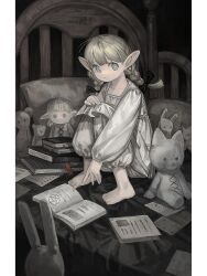 Rule 34 | 1girl, :&lt;, absurdres, aged down, barefoot, bed, blonde hair, blunt bangs, book, book stack, bookmark, bow, braid, bright pupils, character doll, child, collarbone, double-parted bangs, dress, dungeon meshi, elf, from side, full body, green eyes, grimoire, hair bow, hand on own knee, highres, huang du du, indoors, knees up, long sleeves, looking at viewer, marcille donato, medium hair, nightgown, on bed, open book, pillarboxed, pillow, pointy ears, sitting, solo, stuffed animal, stuffed rabbit, stuffed toy, teddy bear, twin braids, white dress, white nightgown, white pupils