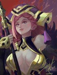 Rule 34 | 1girl, bare shoulders, braid, breasts, cleavage, earrings, feather trim, fire emblem, fire emblem heroes, gloves, hair ornament, hat, highres, holding, holding staff, jewelry, large breasts, lips, lipstick, loki (fire emblem), long hair, looking at viewer, makeup, nintendo, open mouth, portrait, purple eyes, purple hair, shutwig, simple background, smile, solo, staff