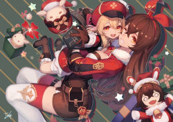 Rule 34 | 2girls, :d, amber (genshin impact), baek hyang, baron bunny (genshin impact), blonde hair, boots, breasts, brown gloves, brown hair, brown shorts, carrying, crossed bangs, dress, genshin impact, gift, gloves, grin, hair ribbon, hat, highres, klee (genshin impact), long hair, long sleeves, looking at viewer, medium breasts, multiple girls, one eye closed, open mouth, outstretched arm, peaked cap, red dress, red eyes, red headwear, red legwear, ribbon, short shorts, shorts, shrug (clothing), smile, striped, striped background, thigh boots, thighhighs, white footwear