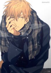 Rule 34 | 1boy, black sweater, blonde hair, commentary request, earrings, hand on own chin, hoop earrings, jewelry, kise ryouta, kuroko no basuke, long sleeves, looking away, male focus, mashima shima, parted lips, plaid, plaid scarf, scarf, short hair, snowing, solo, sweater, yellow eyes