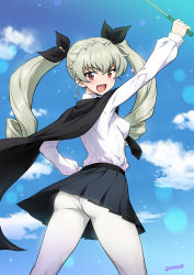Rule 34 | 10s, 1girl, :d, anchovy (girls und panzer), arm up, artist name, ass, belt, black cape, black necktie, black skirt, blue sky, blush, breasts, brown eyes, cape, cloud, collared shirt, covered erect nipples, day, drill hair, eyebrows, from behind, girls und panzer, green hair, hair between eyes, hair ribbon, hand on own hip, holding, joy ride, legs apart, lens flare, long hair, long sleeves, looking at viewer, miniskirt, necktie, open mouth, panties, panties under pantyhose, pantyhose, pantylines, pleated skirt, red eyes, ribbon, school uniform, shirt, signature, skin tight, skirt, sky, small breasts, smile, solo, sparkle, standing, twin drills, twintails, underwear, upskirt, white panties, white pantyhose, white shirt