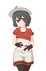 Rule 34 | 1girl, bed, black eyes, black hair, black legwear, blush, clothes lift, collarbone, gloves, hat, hat feather, helmet, highres, kaban (kemono friends), kemono friends, liveactors, looking at viewer, lying, navel, pith helmet, shirt lift, shorts, smile, spread navel, open fly