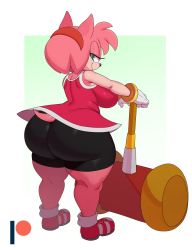Rule 34 | 1girl, absurdres, amy rose, animal ears, ass, back, bracelet, breasts, curvy, dress, eric lowery, furry, gloves, green eyes, hairband, hammer, hedgehog, highres, huge ass, jewelry, large breasts, looking at viewer, looking back, red dress, seductive smile, simple background, smile, solo, sonic (series), spandex, tail, thick thighs, thighs, white gloves, wide hips