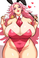 Rule 34 | 1girl, absurdres, alecto 0, big mom, breasts, charlotte linlin, cloud, highres, huge breasts, knife, lipstick, makeup, mature female, napoleon (one piece), one piece, prometheus (one piece), rabbit ears, simple background, smile, sun, white background, wide hips, aged down, zeus (one piece)