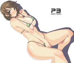Rule 34 | 1girl, atlus, bikini, blush, breasts, brown eyes, brown hair, covering privates, covering crotch, darabuchi, green bikini, highleg, highleg bikini, highleg swimsuit, hip focus, large breasts, long hair, lying, micro bikini, persona, persona 3, shadow, short hair, simple background, solo, swimsuit, takeba yukari, wide hips