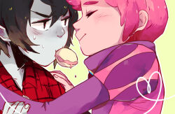 Rule 34 | 2boys, adventure time, black hair, closed mouth, colored skin, fingernails, food in mouth, grey skin, hair between eyes, hands on another&#039;s shoulders, male focus, marshall lee, multiple boys, pink hair, pink skin, prince bubba gumball, vampire, yaoi, yovinah