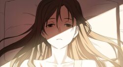 Rule 34 | 1girl, bare shoulders, bed sheet, brown eyes, brown hair, decoponmagi, final fantasy, final fantasy vii, final fantasy vii remake, hair between eyes, half-closed eyes, highres, injury, long hair, lying, on back, parted lips, pillow, scar, scar on chest, solo, straight hair, tears, tifa lockhart, upper body