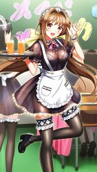 Rule 34 | 3girls, :d, apron, black dress, black footwear, black thighhighs, brown eyes, brown hair, classroom, doukyuusei another world, dress, drinking straw, floating hair, frilled dress, frills, game cg, hair intakes, holding, holding plate, indoors, juice, kakyuusei 2, leg up, legwear garter, long hair, looking at viewer, maid cafe, maid headdress, multiple girls, neck ribbon, official art, open mouth, orange juice, pink ribbon, plate, ribbon, saimon tamaki, see-through, see-through dress, short dress, short sleeves, smile, solo focus, standing, standing on one leg, thighhighs, twintails, very long hair, waist apron, waving, white apron, wrist cuffs, zettai ryouiki