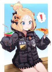 Rule 34 | !, 1girl, abigail williams (fate), abigail williams (traveling outfit) (fate), bendy straw, black bow, black jacket, blonde hair, blue eyes, bow, closed mouth, commentary request, crossed bandaids, cup, disposable cup, drink, drinking straw, eating, fate/grand order, fate (series), food, hair bow, hair bun, heroic spirit traveling outfit, highres, holding, holding cup, holding food, jacket, key, long hair, long sleeves, looking away, multiple hair bows, official alternate costume, orange bow, parted bangs, pizza, pizza slice, single hair bun, sitting, sleeves past fingers, sleeves past wrists, solo, spoken exclamation mark, star (symbol), usuaji