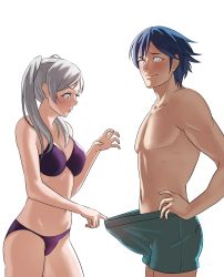 Rule 34 | 1boy, 1girl, blue hair, blush, chrom (fire emblem), clothes pull, fire emblem, fire emblem awakening, highres, nintendo, one-piece swimsuit pull, pomelomelon, robin (female) (fire emblem), robin (fire emblem), surprised, twintails, white hair