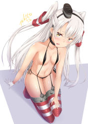 Rule 34 | 1girl, absurdres, amatsukaze (kancolle), arm support, bare shoulders, blonde hair, blue eyes, blush, breasts, brown eyes, choker, fang, garter straps, gloves, hair between eyes, hair tubes, hairband, highres, kantai collection, kneeling, long hair, looking at viewer, medium breasts, open mouth, panties, red thighhighs, shiny skin, sidelocks, signature, silver hair, simple background, smokestack hair ornament, solo, striped clothes, striped thighhighs, thighhighs, thighs, tokito yu, two side up, underwear, underwear only, white background, white gloves