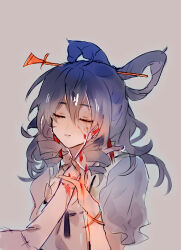 Rule 34 | 2girls, blood, blood on face, blue dress, blue hair, cerevevisiae, closed eyes, commentary request, dress, grey background, hair between eyes, hair ornament, hair rings, hair stick, holding hands, kaku seiga, long hair, miyako yoshika, multiple girls, out of frame, simple background, smile, solo focus, touhou, upper body, vest, white vest