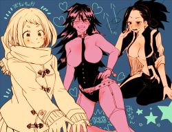Rule 34 | &gt;:), 10s, 3girls, age difference, asako (itiba), belt, belt buckle, blush, bodysuit, boku no hero academia, breasts, breasts apart, breath, buckle, cleavage, closed mouth, coat, cuffs, domino mask, exhausted, facing viewer, garter straps, grin, hair between eyes, hand on own hip, hand up, handcuffs, happy, heart, heavy breathing, high ponytail, jacket, kneeling, large breasts, leotard, long hair, long sleeves, looking at viewer, looking to the side, mask, messy hair, midnight (boku no hero academia), multiple girls, navel, no bra, one eye closed, open clothes, open jacket, open mouth, outstretched arms, pants, partially undressed, pleated skirt, ponytail, scarf, short hair, sitting, skin tight, skirt, sleeves past wrists, smile, spiked hair, standing, star (symbol), teacher and student, teeth, thighhighs, track jacket, track suit, track uniform, uraraka ochako, v-shaped eyebrows, wink, winter clothes, yaoyorozu momo