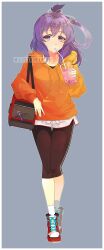Rule 34 | 1girl, absurdres, ao no kiseki, artist name, bag, bow-shaped hair, bubble tea, commentary, commission, cup, disposable cup, double-parted bangs, drinking, drinking straw, drinking straw in mouth, eiyuu densetsu, english commentary, full body, goldenluckex, hair between eyes, handbag, highres, hood, hoodie, jacket, looking at viewer, pants, purple eyes, purple hair, rixia mao, shoes, sneakers, solo, watermark, yoga pants, zero no kiseki
