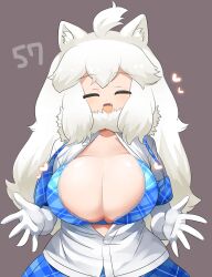 Rule 34 | 1girl, :d, animal ear fluff, animal ears, blue bra, blue necktie, blue skirt, blush, bra, breasts, brown background, buttons, cleavage, closed eyes, commentary request, cowboy shot, elbow gloves, fang, fur collar, gloves, heart, highres, kemono friends, large breasts, lets0020, lion ears, lion girl, long hair, medium bangs, necktie, numbered, open clothes, open mouth, open shirt, plaid, plaid bra, plaid necktie, plaid skirt, skirt, smile, solo, underwear, white gloves, white hair, white lion (kemono friends)