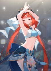 Rule 34 | 1girl, arms up, bare arms, bare shoulders, blue bow, blue nails, blurry, blurry background, bow, breasts, brooch, circlet, closed eyes, closed mouth, commentary request, cowboy shot, crop top, dancer, facing viewer, genshin impact, harem outfit, highres, horns, jewelry, long hair, low twintails, medium breasts, nail polish, navel, neck ring, nilou (genshin impact), no detached sleeves, pelvic curtain, shrimp cake, sidelocks, skirt, smile, solo, stomach, twintails, twitter username, veil, vision (genshin impact)