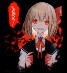 Rule 34 | 1girl, :d, black background, blonde hair, blood, blood on hands, censored, censored text, commentary, dark background, darkness, hair ribbon, highres, kky, looking at viewer, mosaic censoring, neck ribbon, open mouth, red eyes, red ribbon, ribbon, rumia, sharp teeth, short hair, smile, solo, teeth, touhou, twitter username, upper body