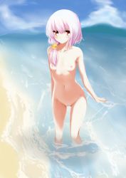 Rule 34 | 1girl, absurdres, beach, blush, breasts, day, derivative work, hair ornament, highres, leafier, looking at viewer, navel, nipples, nude, original, outdoors, pink hair, purple hair, pussy, red eyes, small breasts, solo, surprised, wet, wet hair