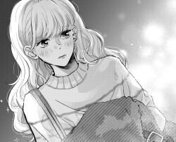 Rule 34 | 1girl, belt, casual, closed mouth, coat, unworn coat, commentary request, dutch angle, expressionless, gradient background, greyscale, halftone, highres, holding, holding clothes, holding coat, lips, long hair, long sleeves, looking away, monochrome, original, saitou shiori (pixiv14549321), santa costume, solo, strap, sweater, upper body, wavy hair
