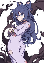 Rule 34 | 1girl, absurdres, blue eyes, blue hair, bow, bracelet, breasts, debt, dress, grey dress, hair bow, highres, hugging object, jewelry, kame (kamepan44231), long hair, looking at viewer, official alternate costume, oil, one-hour drawing challenge, simple background, small breasts, solo, stuffed animal, stuffed cat, stuffed toy, touhou, white background, yorigami shion