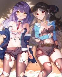 Rule 34 | 2girls, absurdres, aqua jacket, azur lane, beret, black shorts, black thighhighs, brown eyes, brown hair, burnt clothes, crop top, detached collar, fuuna, hair ornament, hairclip, hand on own stomach, hat, highres, jacket, kimberly (azur lane), long hair, looking at viewer, lying, midriff, mullany (azur lane), multiple girls, navel, necktie, off shoulder, on back, open clothes, open fly, open jacket, pantyhose, pantyhose under shorts, purple hair, red necktie, sailor collar, shade, short necktie, short shorts, shorts, thighhighs, torn clothes, torn pantyhose, torn thighhighs, unworn headwear, zipper