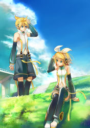 Rule 34 | 1boy, 1girl, absurdres, blonde hair, blue eyes, brother and sister, clothing cutout, cloud, day, detached sleeves, grass, headphones, highres, kagamine len, kagamine len (append), kagamine rin, kagamine rin (append), kamisakai, messy hair, navel, navel cutout, see-through, short hair, siblings, thighhighs, twins, vocaloid, vocaloid append