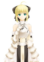 Rule 34 | 1girl, ahoge, armor, armored dress, artoria pendragon (fate), bare shoulders, blonde hair, bow, capcom, detached sleeves, dress, fate/stay night, fate/unlimited codes, fate (series), faulds, gauntlets, green eyes, ponytail, ribbon, saber (fate), saber lily, solo, type-moon