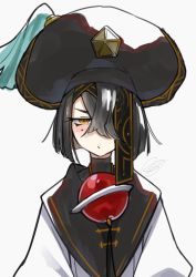 Rule 34 | 1girl, black hair, bob cut, brown eyes, fate/grand order, fate (series), hair over one eye, hat, large hat, mole, mole under eye, pout, rkp, robe, short hair, signature, simple background, solo, upper body, white background, xu fu (fate)