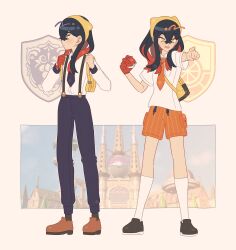 Rule 34 | 1girl, black hair, blue necktie, blue pants, brown footwear, carmine (pokemon), colored inner hair, commentary, creatures (company), crossed bangs, english commentary, game freak, game screenshot background, gloves, hair between eyes, hairband, highres, holding, holding poke ball, loafers, long hair, mole, mole under eye, multicolored hair, multiple views, naranja academy school uniform, necktie, nintendo, orange necktie, pants, pointing, poke ball, poke ball (basic), pokemon, pokemon sv, red gloves, red hair, robin (robinlynnarts), school uniform, shirt, shoes, single glove, suspenders, two-tone hair, uva academy school uniform, white background, white shirt, yellow bag, yellow hairband