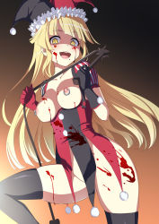 Rule 34 | 1girl, :d, asymmetrical gloves, bang dream!, black gloves, black thighhighs, blonde hair, blood, blood on clothes, blood on face, blood splatter, blush, bottomless, breasts, commentary request, corruption, dark persona, feet out of frame, femdom, from below, gloves, gradient background, hat, heart, highres, holding, holding whip, jester, jester cap, long hair, looking at viewer, medium breasts, mismatched gloves, nipple piercing, nipple rings, nipples, no panties, no pants, open mouth, piercing, pom pom (clothes), red gloves, sakamata (sakamata4), sidelocks, smile, solo, standing, thighhighs, tsurumaki kokoro, underbust, whip, yellow eyes