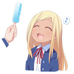 Rule 34 | 1girl, :d, ^ ^, bad id, bad pixiv id, blazer, blonde hair, blue jacket, closed eyes, collared shirt, dark-skinned female, dark skin, food, holding, holding food, idolmaster, idolmaster cinderella girls, jacket, layla (idolmaster), long hair, long sleeves, musical note, neck ribbon, open clothes, open jacket, open mouth, parted bangs, popsicle, quaver, red ribbon, ribbon, shirt, simple background, smile, solo focus, spoken musical note, uccow, very long hair, white background, white shirt