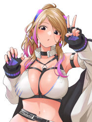 Rule 34 | 1girl, absurdres, animal ears, arm strap, arm up, bare shoulders, between breasts, bikini, black choker, black eyes, black gloves, blonde hair, breasts, chestnut mouth, choker, cleavage, clothes writing, collarbone, commentary request, earrings, fake animal ears, fingerless gloves, fingernails, gloves, gyaru, hair between eyes, hand up, head tilt, highres, idolmaster, idolmaster shiny colors, izumi mei, jacket, jewelry, large breasts, long hair, long sleeves, looking at viewer, multi-strapped bikini, multicolored hair, nail polish, navel, off shoulder, open clothes, open jacket, parted bangs, parted lips, pink hair, pink nails, ponytail, print gloves, simple background, solo, stomach, streaked hair, swimsuit, tokufumi, two-tone hair, upper body, v, white background, white bikini, white jacket