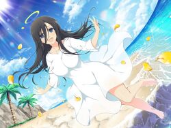 Rule 34 | 1girl, april fools, barefoot, beach, black hair, blue eyes, blue sky, blush, breasts, cliff, cloud, cloudy sky, collarbone, day, dress, falling petals, foam, grass, groin, groin outline, halo, horizon, large breasts, lens flare, light particles, long hair, looking at viewer, ocean, official alternate costume, official art, open mouth, outdoors, palm leaf, palm tree, petals, rainbow, ryouki (senran kagura), sand, senran kagura, senran kagura estival versus, senran kagura new link, shiny skin, shore, sky, smile, solo, sparkle, sunlight, tongue, tree, water, waves, white dress, yaegashi nan, yellow halo