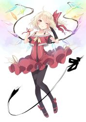 Rule 34 | 1girl, ahoge, alternate costume, black bow, black thighhighs, blonde hair, blush, bow, bridal gauntlets, crystal, dress, flandre scarlet, full body, hair bow, highres, kojiki-life, lace, lace-trimmed legwear, lace trim, laevatein, looking at viewer, no headwear, no headwear, one eye closed, parted lips, red bow, red dress, red eyes, ribbon, side ponytail, simple background, single bridal gauntlet, smile, solo, thighhighs, touhou, white background, wings, wrist ribbon
