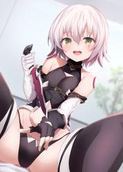Rule 34 | 1girl, arm belt, bandages, bandaged arm, bandages, bare shoulders, black gloves, black panties, black vest, blush, breasts, scar on face, fate/apocrypha, fate/grand order, fate (series), fingerless gloves, gloves, green eyes, hair between eyes, highres, holding, holding knife, jack the ripper (fate/apocrypha), knife, looking at viewer, maosame, navel, open mouth, panties, scar, scar across eye, scar on cheek, scar on face, short hair, shoulder tattoo, single glove, sitting, small breasts, smile, solo, tattoo, thighs, underwear, vest, white hair