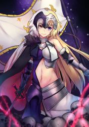 Rule 34 | 1girl, absurdres, armor, banner, blonde hair, blue eyes, breasts, cape, cleavage, collarbone, detached sleeves, fate/grand order, fate (series), gauntlets, heterochromia, highres, holding, holding sword, holding weapon, jeanne d&#039;arc (fate), jeanne d&#039;arc (ruler) (fate), jeanne d&#039;arc (third ascension) (fate), jeanne d&#039;arc alter (avenger) (fate), jeanne d&#039;arc alter (avenger) (third ascension) (fate), jeanne d&#039;arc alter (fate), long hair, medium breasts, midriff, multicolored hair, navel, pantie painting, signature, silver hair, skull, smile, solo, standing, stomach, sword, two-tone hair, very long hair, weapon, yellow eyes
