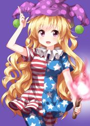 Rule 34 | 1girl, :d, american flag dress, american flag legwear, arm up, blonde hair, blue dress, blue pantyhose, blush, breasts, clownpiece, commentary request, cowboy shot, dress, hat, highres, holding, holding torch, index finger raised, jester cap, long hair, looking at viewer, medium breasts, neck ruff, open mouth, pantyhose, polka dot headwear, purple background, purple eyes, purple hat, red dress, red pantyhose, ruu (tksymkw), short dress, short sleeves, simple background, smile, solo, star (symbol), star print, striped clothes, striped dress, striped pantyhose, torch, touhou, very long hair, white dress, white pantyhose