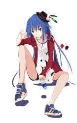 Rule 34 | 1girl, black hat, black shorts, blue footwear, blue hair, bottle, casual, contemporary, food, fruit, full body, hat, hinanawi tenshi, jacket, long hair, long sleeves, looking at viewer, peach, red eyes, red jacket, shirt, shoes, short shorts, shorts, simple background, sitting, sketch, sleeve rolled up, smile, sneakers, solo, tetsurou (fe+), touhou, water bottle, white background, white shirt