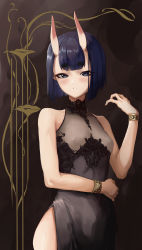 Rule 34 | 1girl, bare shoulders, black dress, bob cut, bracelet, breasts, dress, eyeliner, fate/grand order, fate (series), highres, horns, jewelry, looking at viewer, makeup, oni, purple eyes, purple hair, see-through, short hair, shuten douji (fate), side slit, skin-covered horns, small breasts, solo, taino kou