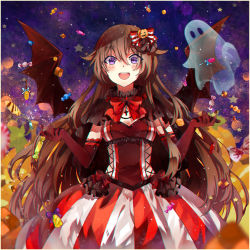 Rule 34 | 00s, 1girl, alice (pandora hearts), alternate costume, blush, bow, brown hair, candy, cross, cross necklace, demon wings, dress, elbow gloves, food, framed, frills, ghost, gloves, hair bow, hair ornament, halloween, jack-o&#039;-lantern, jewelry, leaf, lollipop, long hair, looking at viewer, necklace, night, night sky, open mouth, pandora hearts, purple eyes, sky, smile, solo, standing, star (sky), star (symbol), starry background, teka, very long hair, wings